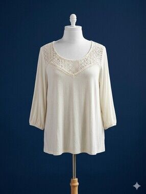 Dressbarn White Lace Yoke 3/4 Sleeve Women’s Top Size 1X